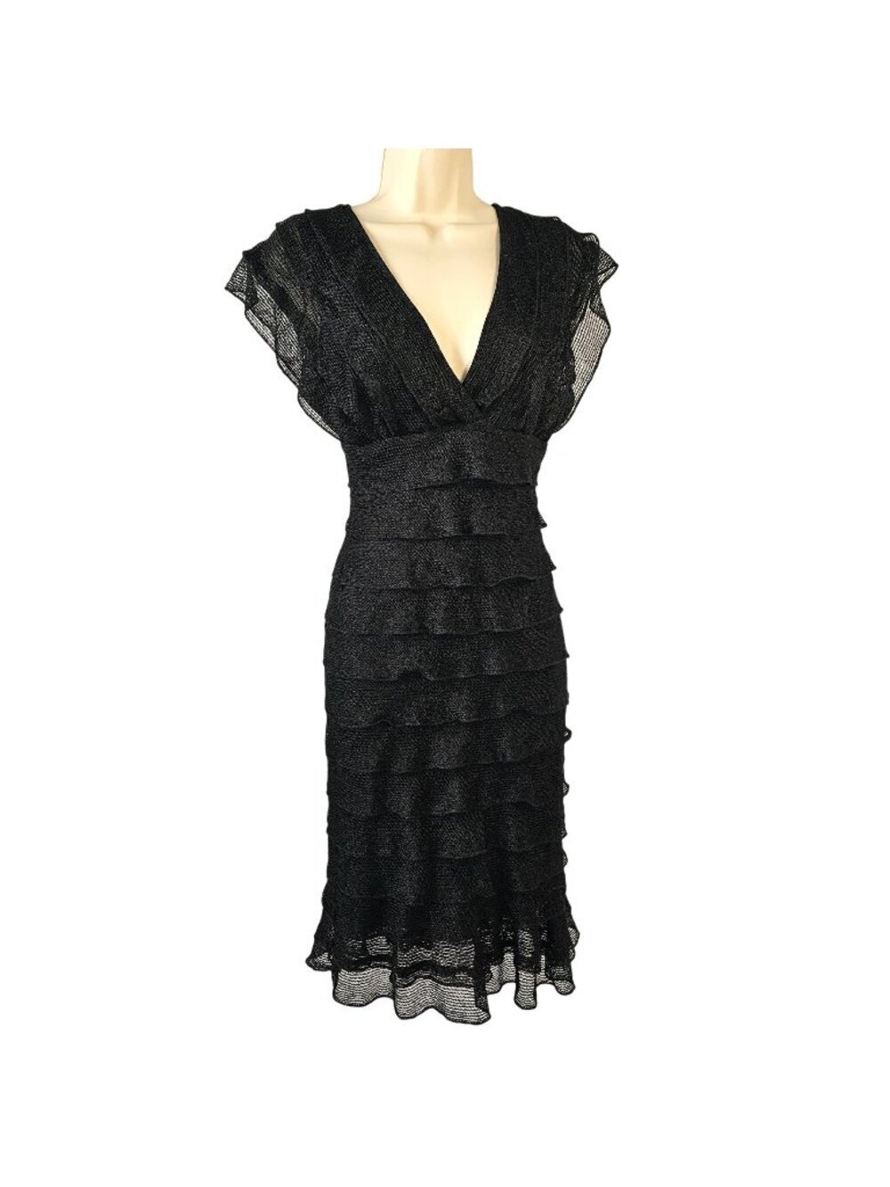 Max Studio Black Ruffle Dress Womens Small Tiered V Neck Flutter Sleeve Midi